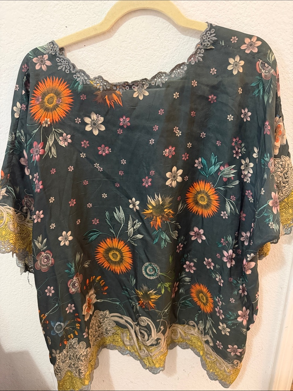 Johnny Was Dark Teal Floral Tunic with Mustard Trim - Picture 3 of 3